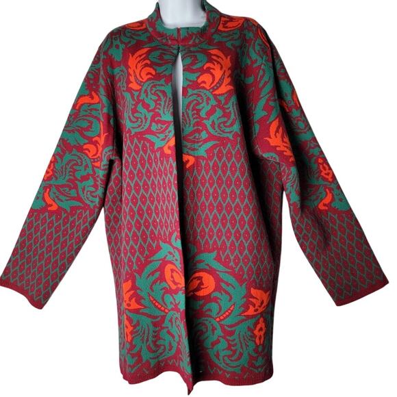 Studio Nouveau Cardigan Coat Open Front Red Green Orange Knit Long Jacket XL - Picture 1 of 10